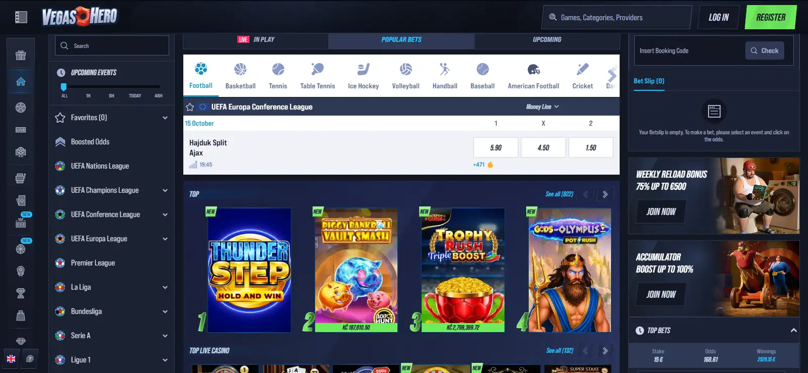 Current VegasHero homepage or lobby view showing casino and sportsbook navigation
