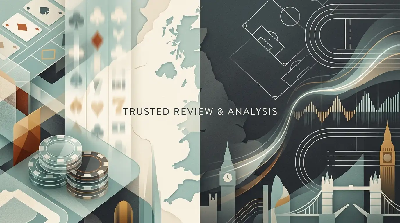 Editorial illustration combining casino play and sports betting with a neutral United Kingdom context
