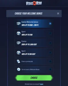 Current VegasHero registration page showing welcome bonus choices