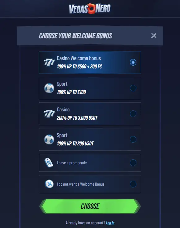 Current VegasHero registration page showing welcome bonus choices