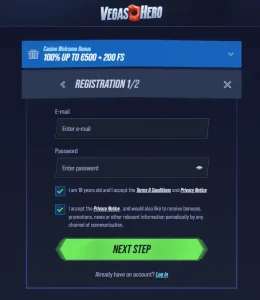 Current VegasHero registration screen and welcome-offer selection