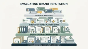 Editorial evidence hierarchy showing official sources, regulator records, independent review platforms and individual user anecdotes
