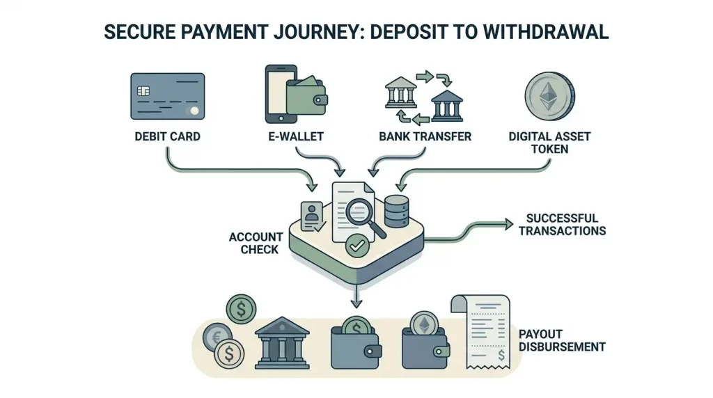 Editorial payment-flow illustration showing deposit, verification, withdrawal and receipt stages