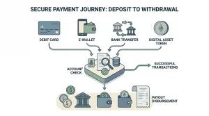 Editorial payment-flow illustration showing deposit, verification, withdrawal and receipt stages