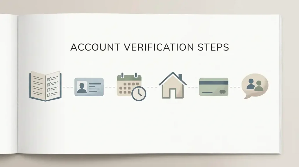 Illustration of a neutral account verification checklist covering identity, age, address, payment review and support contact