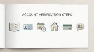 Illustration of a neutral account verification checklist covering identity, age, address, payment review and support contact