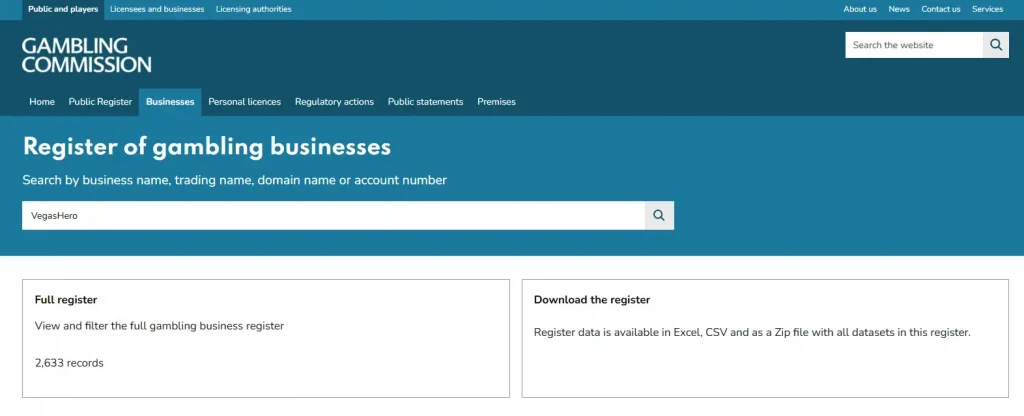 UK Gambling Commission public register search used to check current VegasHero licensing evidence