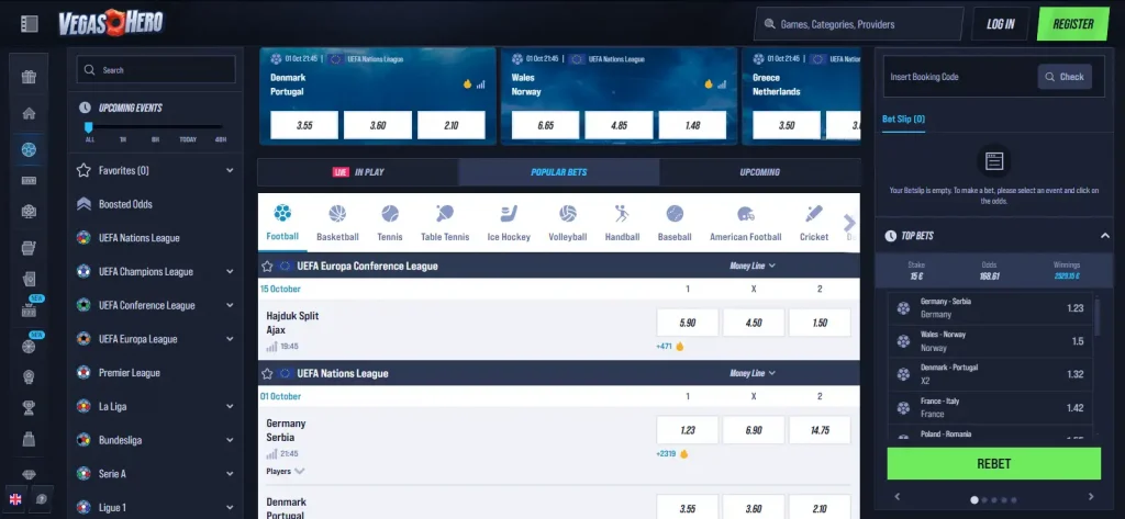 VegasHero sportsbook interface showing sports and live betting markets